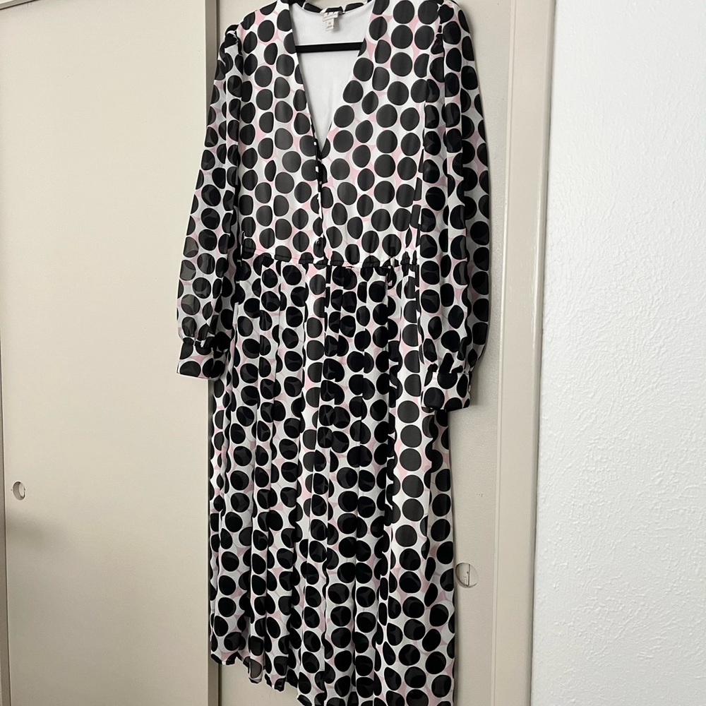 Worthington Black and Pink Polka Dot Long Sleeve Dress